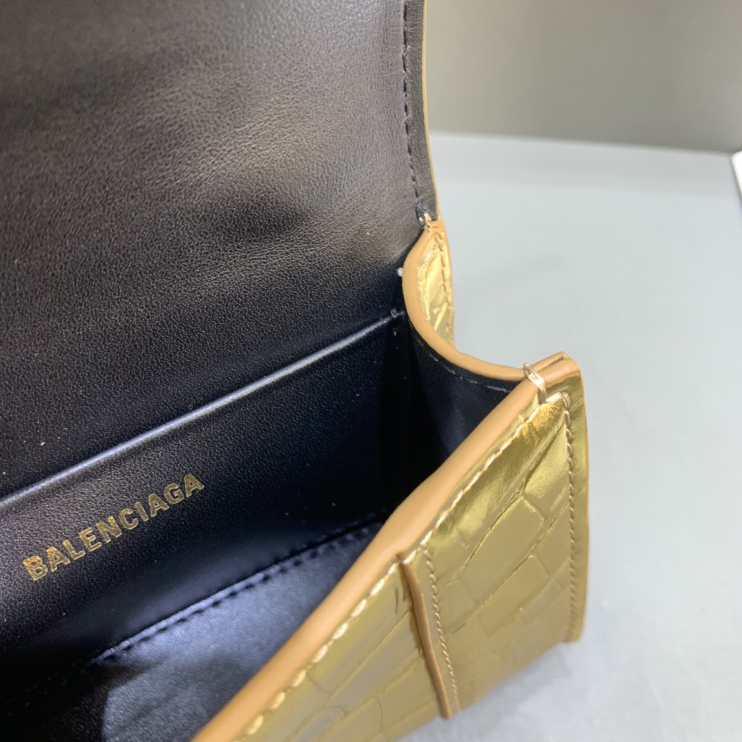 Balenciaga Hourglass Mini Handbag With Chain Crocodile Embossed Shoulder Bag Gold